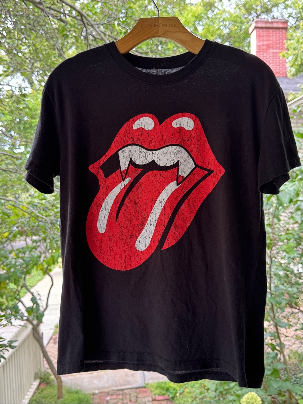 the Rolling Stones Black Tee with Red & White Tongue Logo vampire teeth